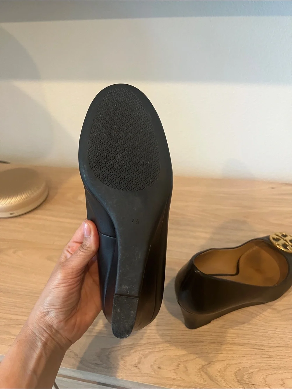 Tory Burch Black Leather Wedge Pumps with Gold Logo Medallion